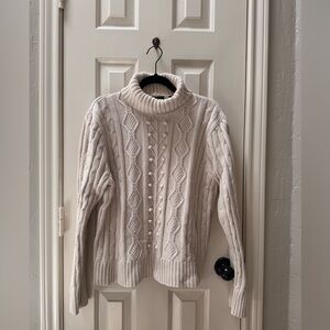 Jeanne Pierre XL Cotton Cable Knit Turtleneck Sweater, Cream